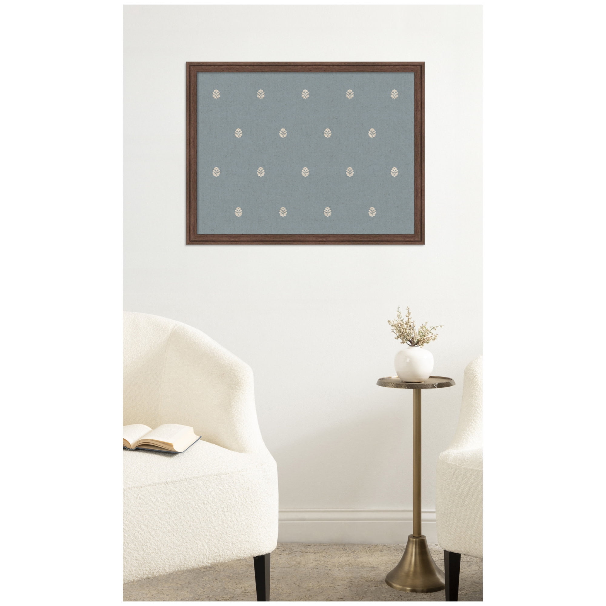 Kate and Laurel Framed Fabric Pinboard 26 x 20, Blue Botanical Block Print Printed Linen Classic Bulletin Board for Use as a Vision Board or Wall Organization, Florence Medium Brown Frame
