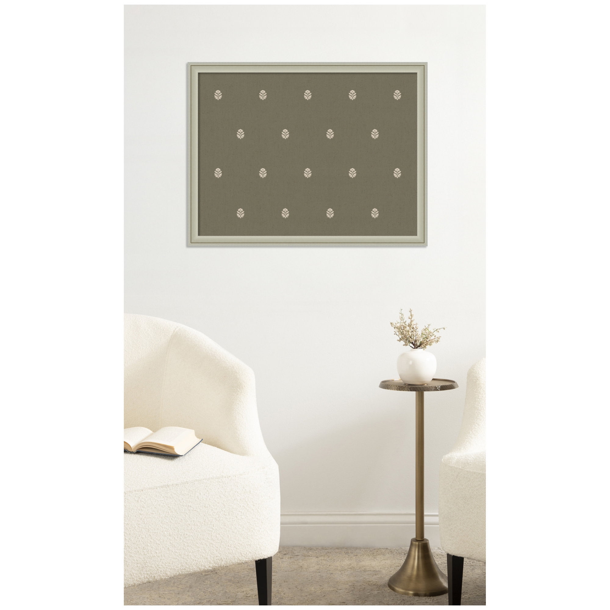 Kate and Laurel Framed Fabric Pinboard 26 x 20, Green Botanical Block Print Printed Linen Classic Bulletin Board for Use as a Vision Board or Wall Organization, Florence Silver Frame