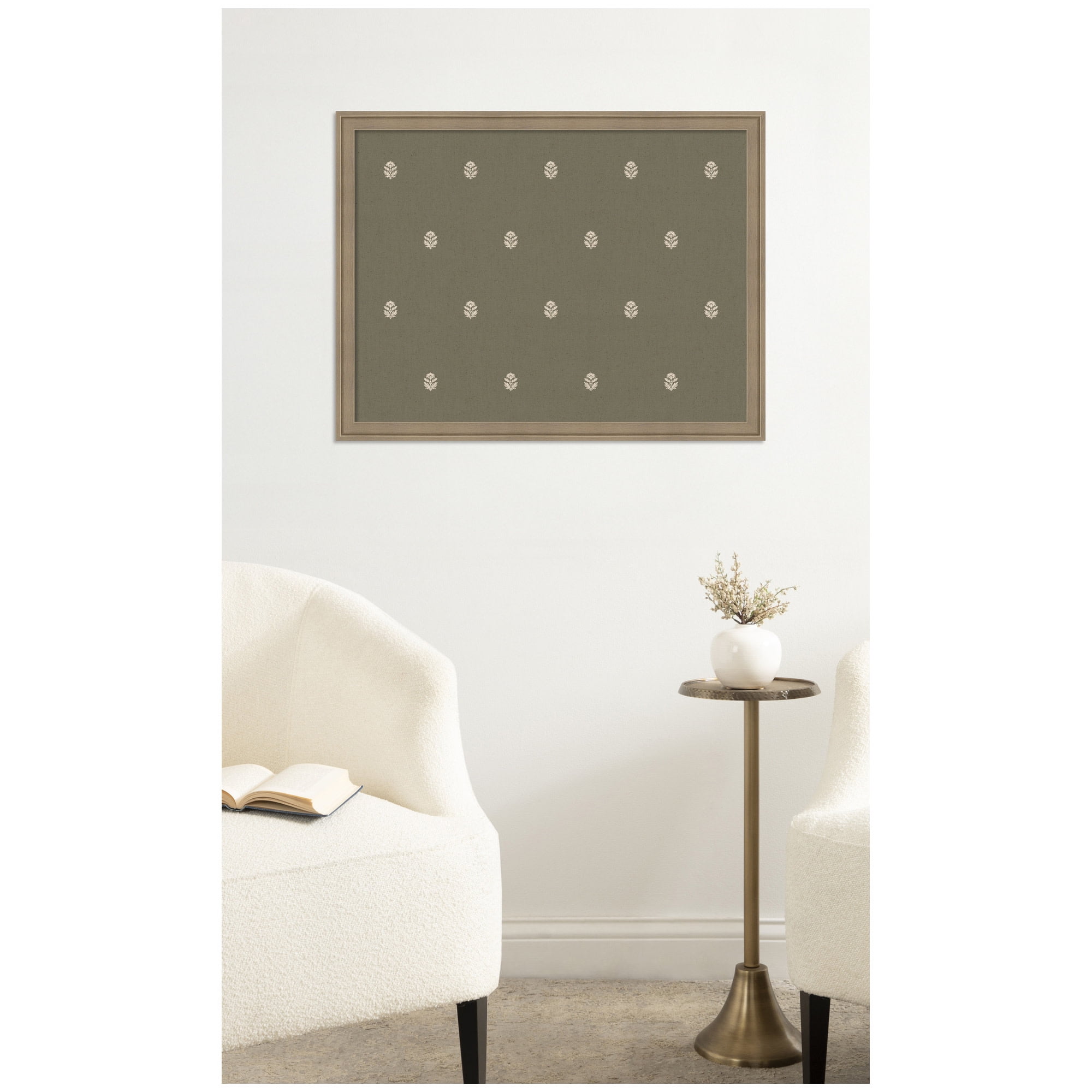Kate and Laurel Framed Fabric Pinboard 26 x 20, Green Botanical Block Print Printed Linen Classic Bulletin Board for Use as a Vision Board or Wall Organization, Florence Light Brown Frame