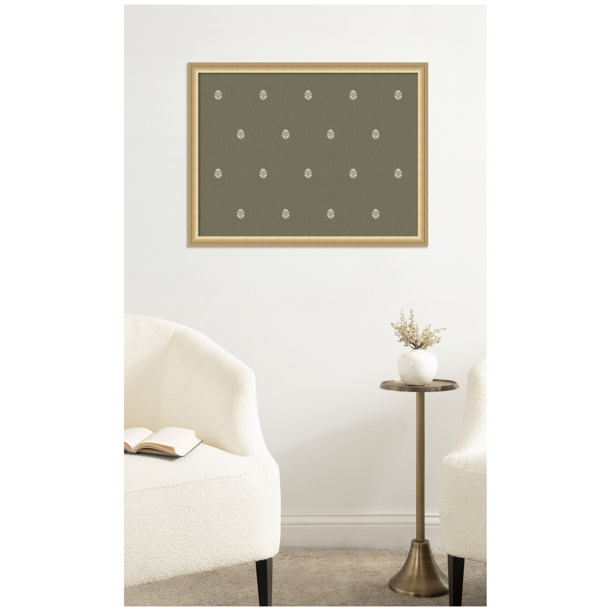 Kate and Laurel Framed Fabric Pinboard 26 x 20, Green Botanical Block Print Printed Linen Classic Bulletin Board for Use as a Vision Board or Wall Organization, Florence Gold Frame