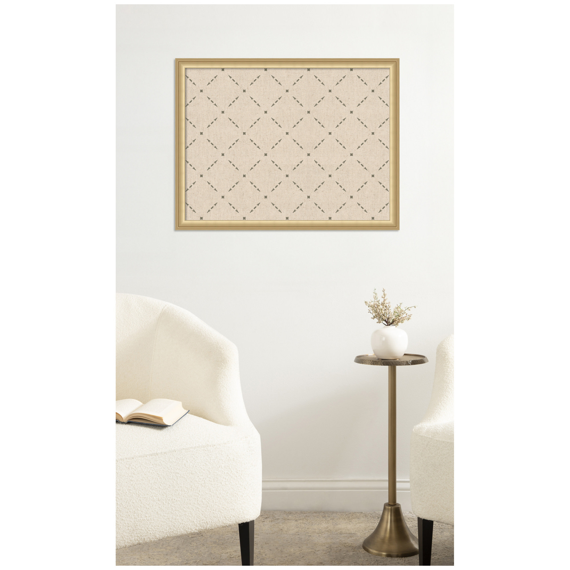 Kate and Laurel Framed Fabric Pinboard 26 x 20, Green Lattice Pattern Printed Linen Classic Bulletin Board for Use as a Vision Board or Wall Organization, Florence Gold Frame