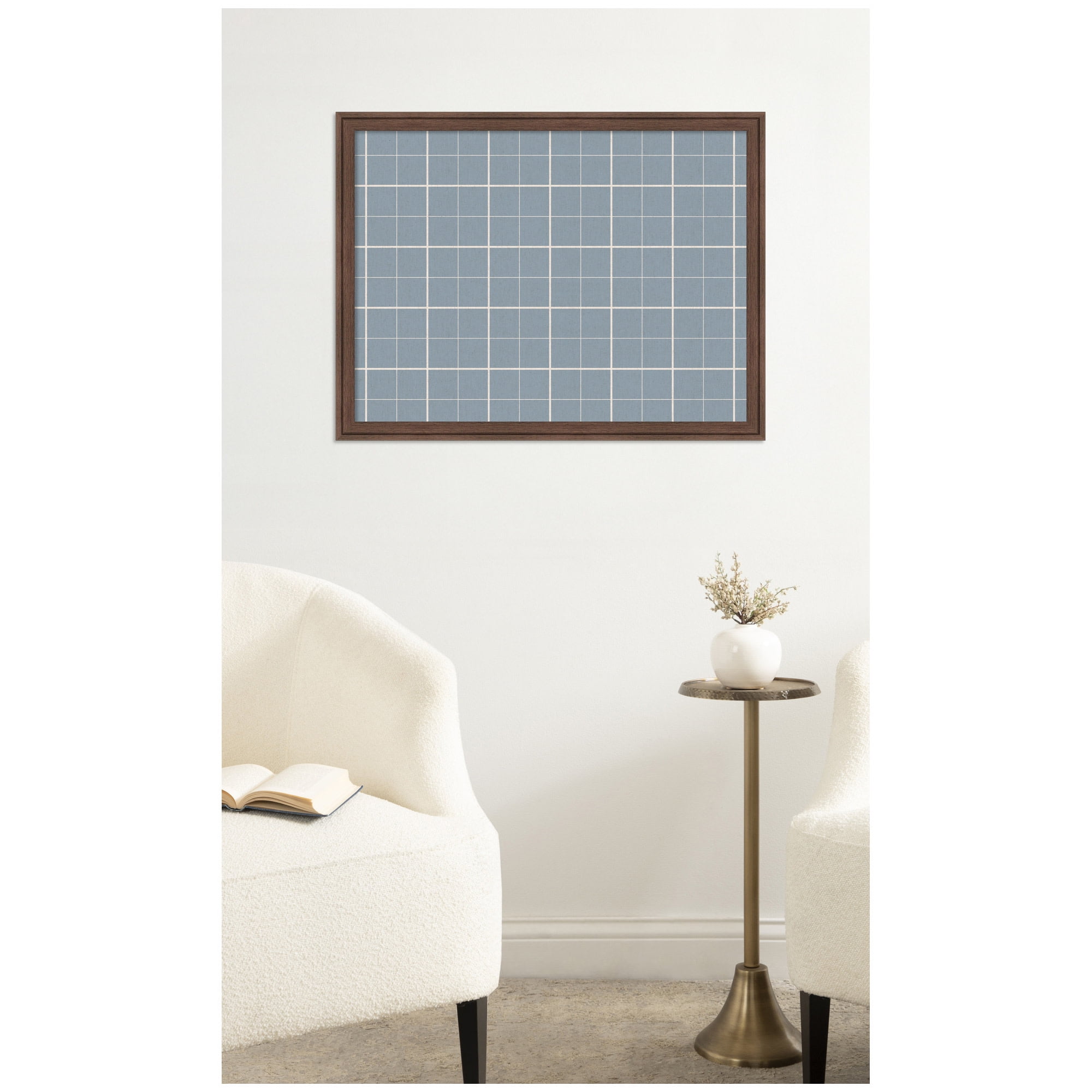 Kate and Laurel Framed Fabric Pinboard 26 x 20, Light Blue Plaid Printed Linen Classic Bulletin Board for Use as a Vision Board or Wall Organization, Florence Medium Brown Frame