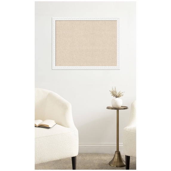 Kate and Laurel Framed Fabric Pinboard 26 x 20, Neutral Weave Printed Linen Decorative Bulletin Board for Use as a Vision Board or Wall Organization, Bethany White Frame