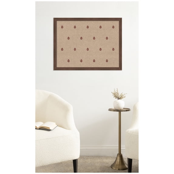 Kate and Laurel Framed Fabric Pinboard 26 x 20, Red Botanical Block Print Printed Linen Classic Bulletin Board for Use as a Vision Board or Wall Organization, Florence Medium Brown Frame
