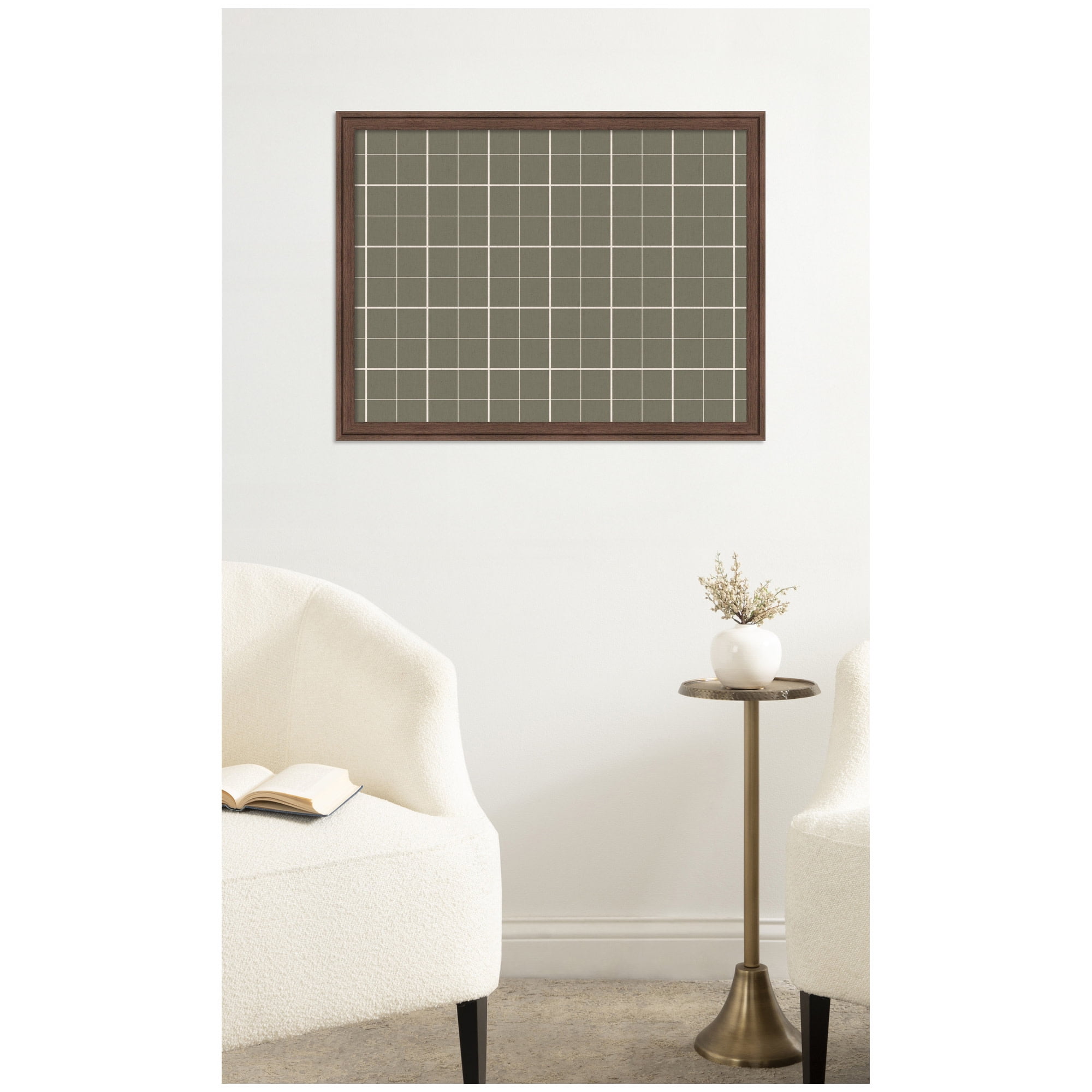 Kate and Laurel Framed Fabric Pinboard 26 x 20, Sage Green Plaid Printed Linen Classic Bulletin Board for Use as a Vision Board or Wall Organization, Florence Medium Brown Frame