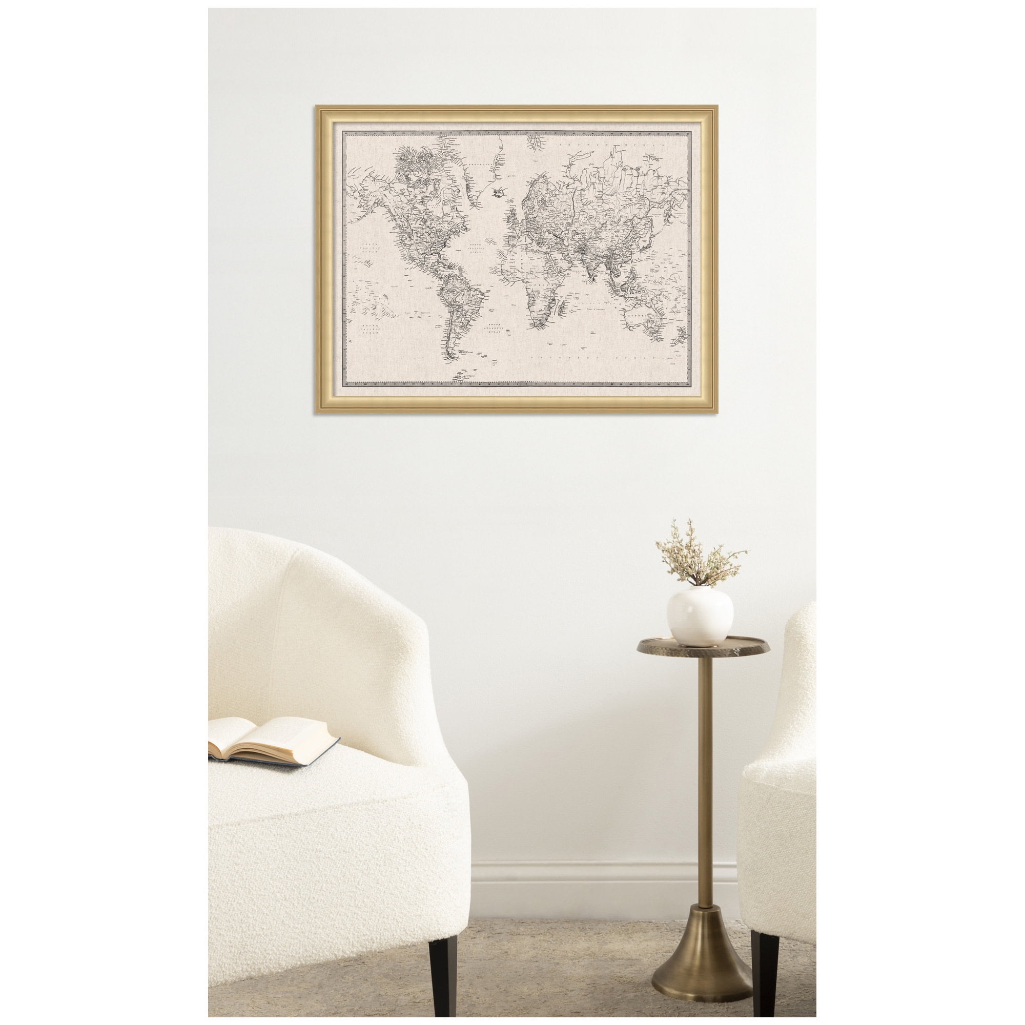 Kate and Laurel Framed Fabric Pinboard 26 x 20, Vintage Black and White Linen World Map Printed Linen Classic Bulletin Board for Use as a Vision Board or Wall Organization, Florence Gold Frame