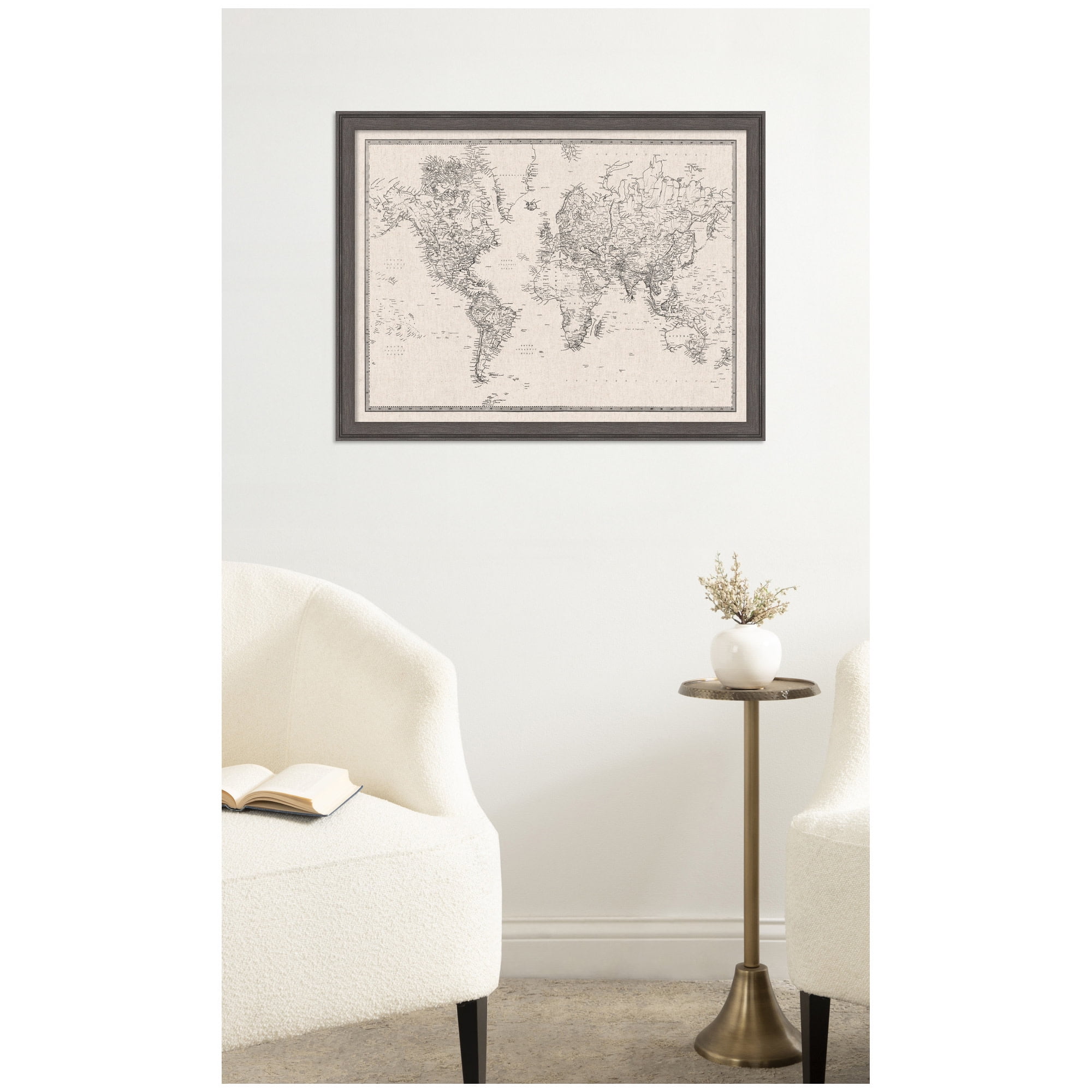 Kate and Laurel Framed Fabric Pinboard 26 x 20, Vintage Black and White Linen World Map Printed Linen Classic Bulletin Board for Use as a Vision Board or Wall Organization, Florence Pewter Frame