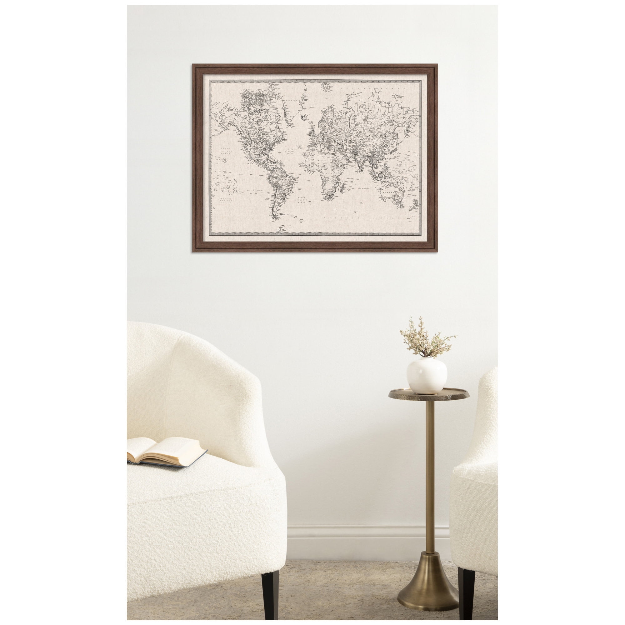 Kate and Laurel Framed Fabric Pinboard 26 x 20, Vintage Black and White Linen World Map Printed Linen Classic Bulletin Board for Use as Wall Organization, Florence Medium Brown Frame