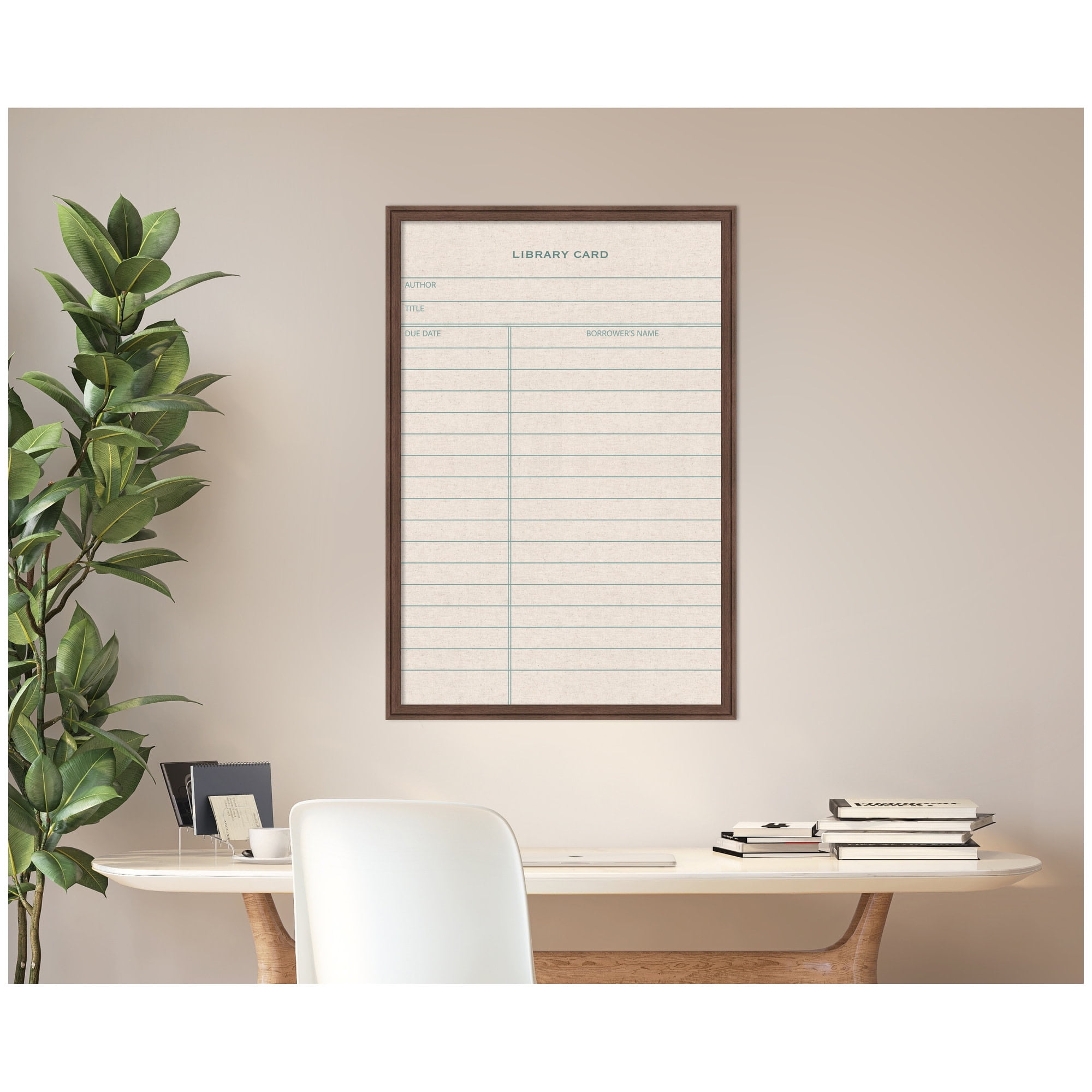 Kate and Laurel Framed Fabric Pinboard 26 x 38, Linen Library Card Printed Linen Classic Bulletin Board for Use as a Vision Board or Wall Organization, Florence Medium Brown Frame