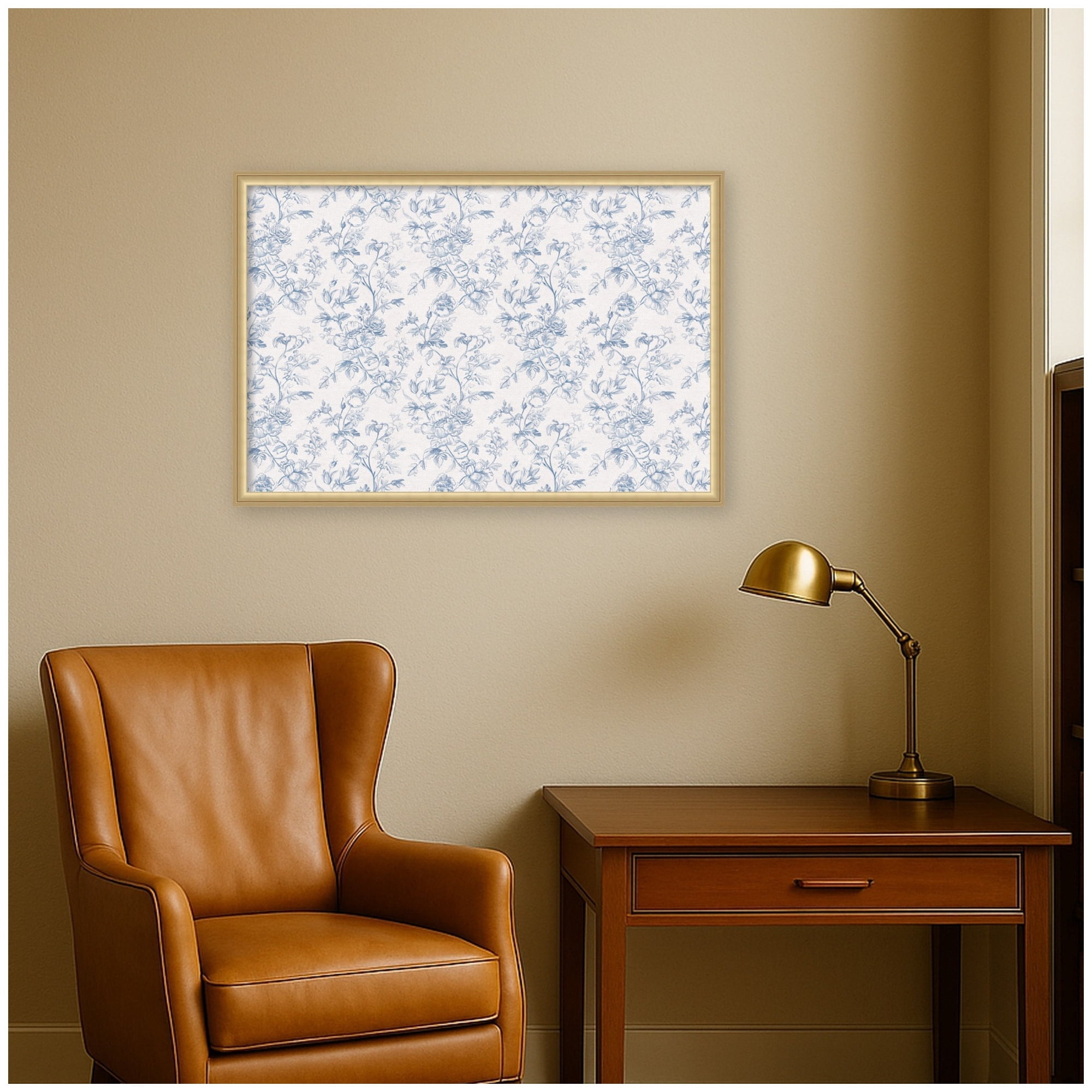 Kate and Laurel Framed Fabric Pinboard 38 x 26, Blue and White Floral Toile Printed Linen Casual Transitional Bulletin Board for Use as a Vision Board or Wall Organization, Florence Gold Frame