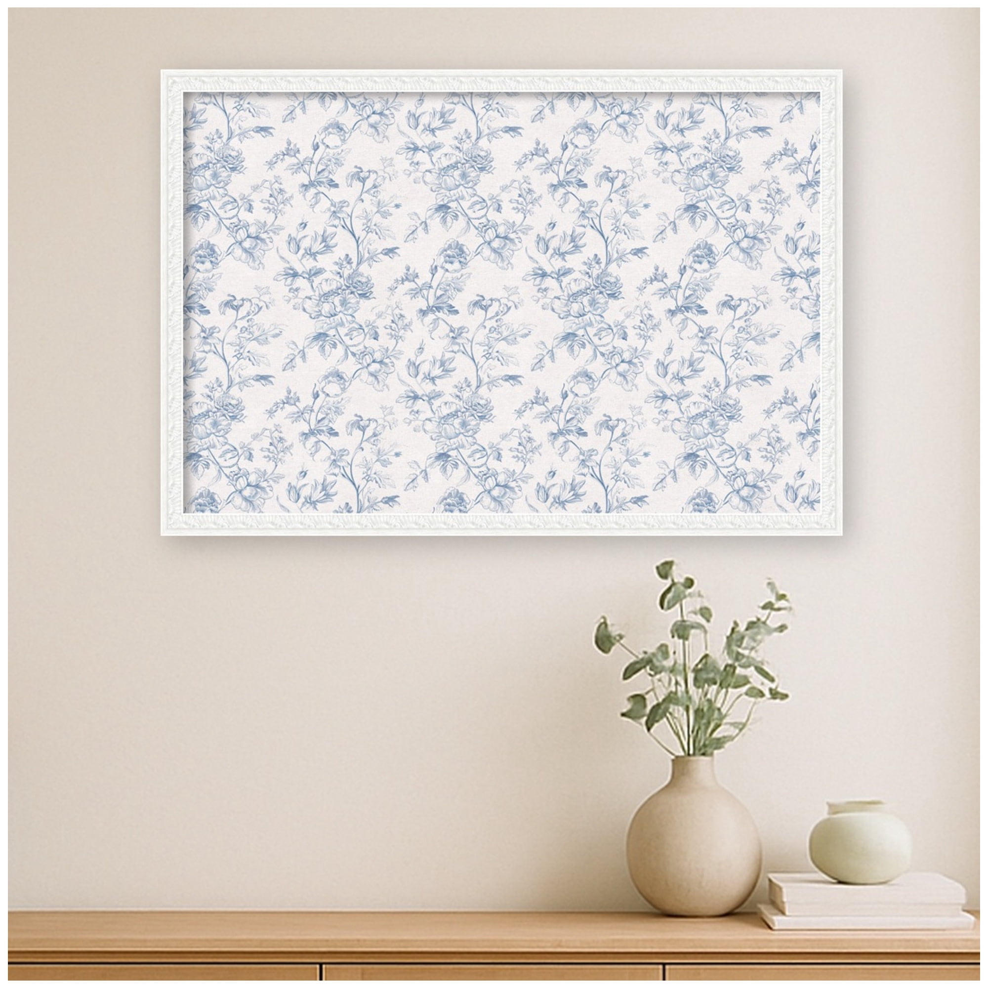 Kate and Laurel Framed Fabric Pinboard 38 x 26, Blue and White Floral Toile Printed Linen Traditional Bulletin Board for Use as a Vision Board or Wall Organization, Bethany White Frame