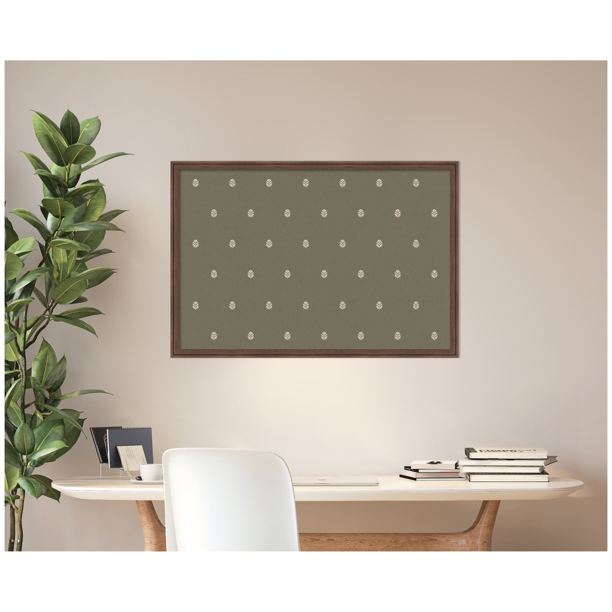 Kate and Laurel Framed Fabric Pinboard 38 x 26, Green Botanical Block Print Printed Linen Classic Bulletin Board for Use as a Vision Board or Wall Organization, Florence Medium Brown Frame