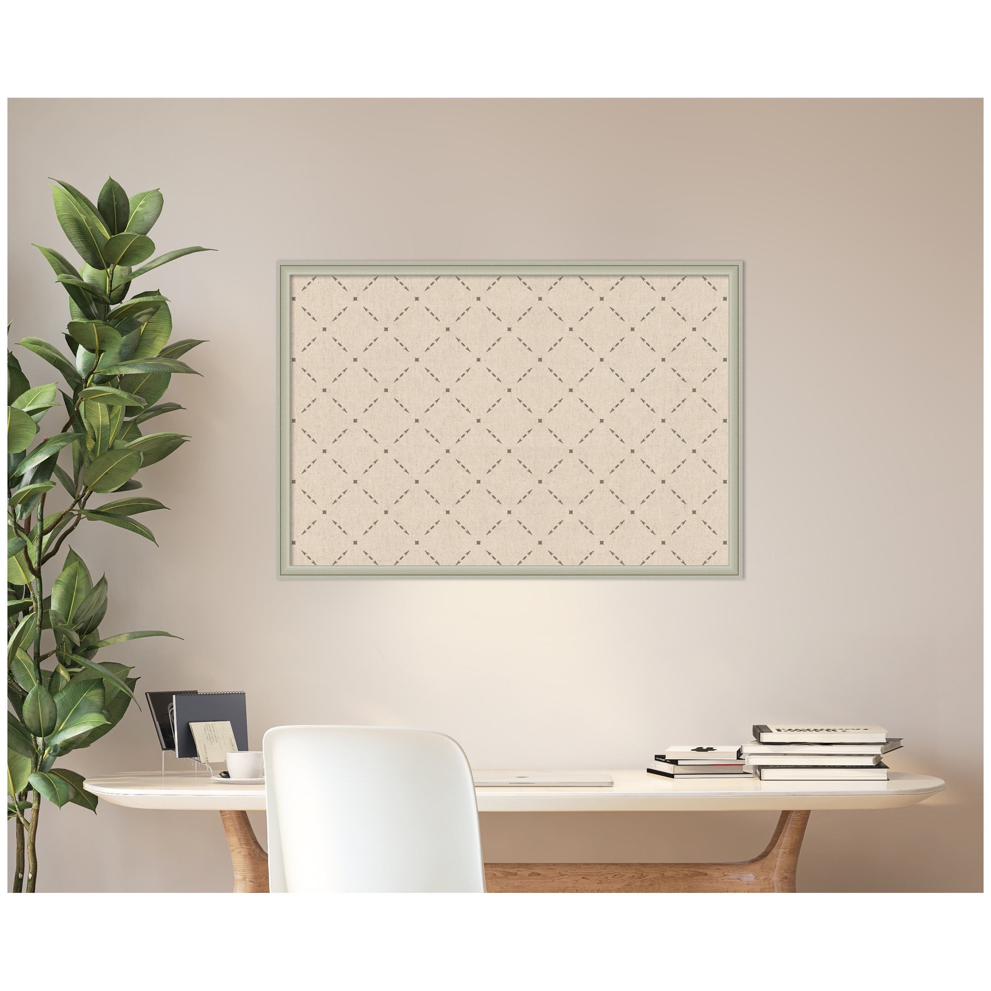 Kate and Laurel Framed Fabric Pinboard 38 x 26, Green Lattice Pattern Printed Linen Classic Bulletin Board for Use as a Vision Board or Wall Organization, Florence Silver Frame