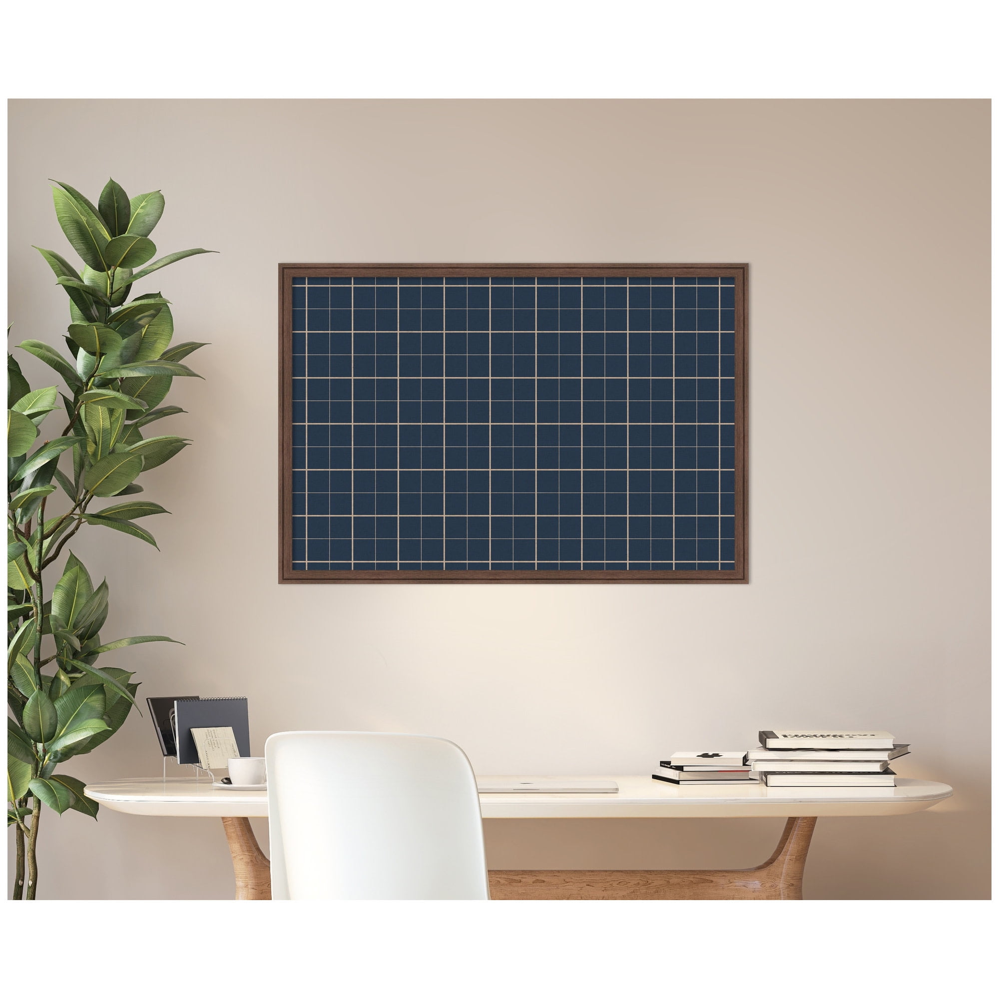 Kate and Laurel Framed Fabric Pinboard 38 x 26, Navy Blue Plaid Printed Linen Classic Bulletin Board for Use as a Vision Board or Wall Organization, Florence Medium Brown Frame
