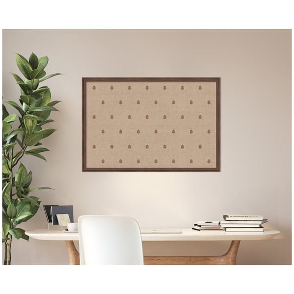 Kate and Laurel Framed Fabric Pinboard 38 x 26, Red Botanical Block Print Printed Linen Classic Bulletin Board for Use as a Vision Board or Wall Organization, Florence Medium Brown Frame
