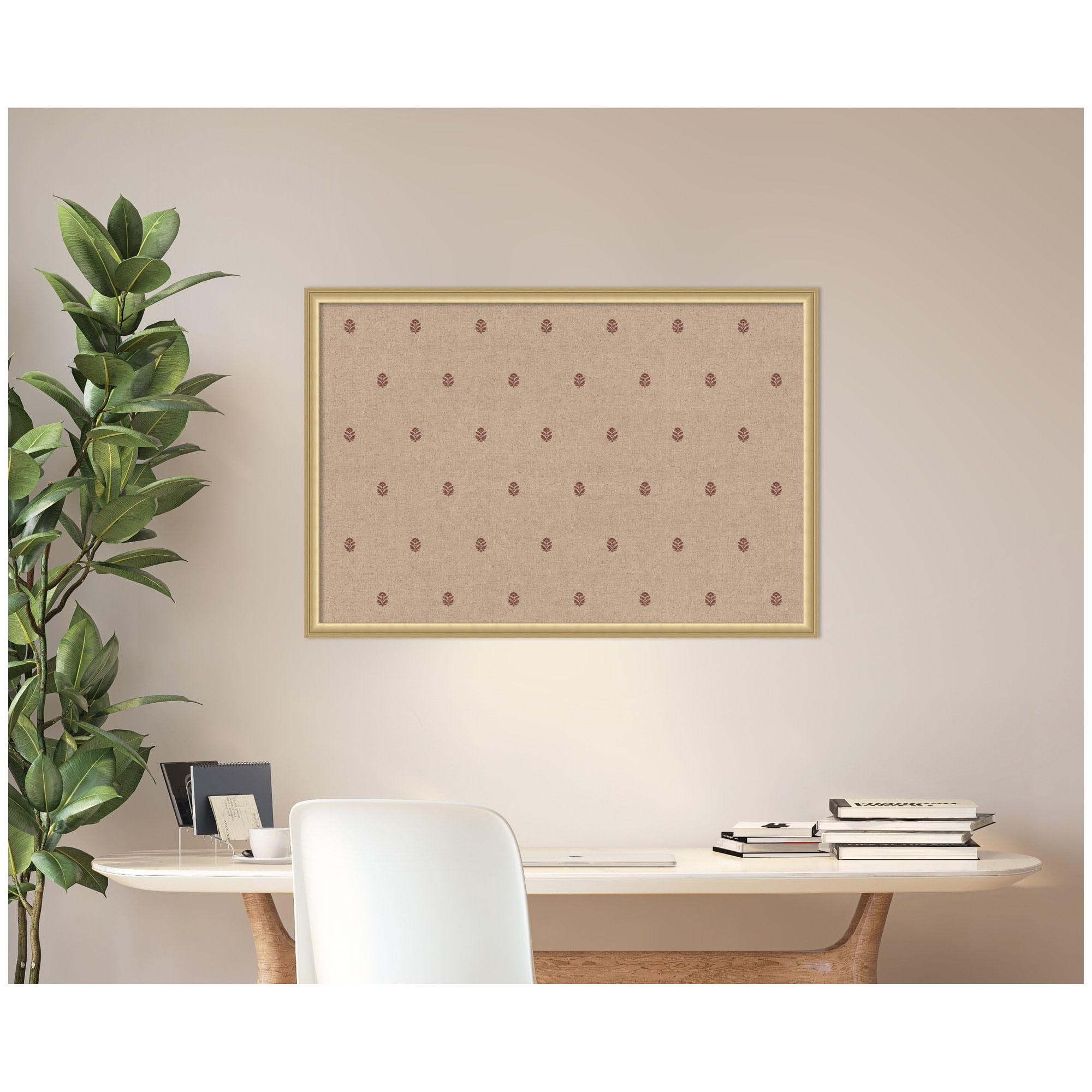 Kate and Laurel Framed Fabric Pinboard 38 x 26, Red Botanical Block Print Printed Linen Classic Bulletin Board for Use as a Vision Board or Wall Organization, Florence Gold Frame