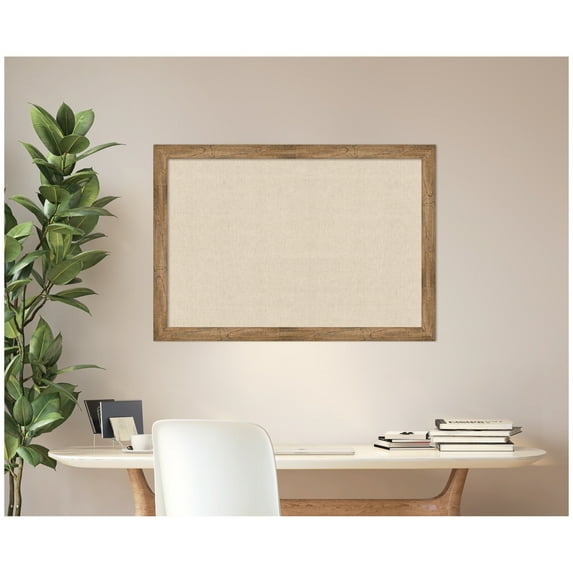 Kate and Laurel Framed Fabric Pinboard 40 x 28, Neutral Weave Printed Linen Rustic Farmhouse Bulletin Board for Use as a Vision Board or Wall Organization, Owl Brown Narrow Frame