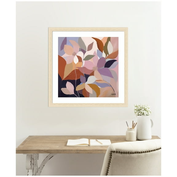 Kate and Laurel Framed Wall Art Print 'Azure leaves' by Inkheart Designs , 26 x 26, Woodgrain Stripe Blonde Frame, Modern Contemporary, Flowers Art for Wall Decor