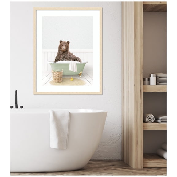 Kate and Laurel Framed Wall Art Print Bear in Cottage Green Bath by Amy Peterson, 27 x 34, Woodgrain Stripe Blonde Frame, Whimsical, Animal Art for Wall Decor
