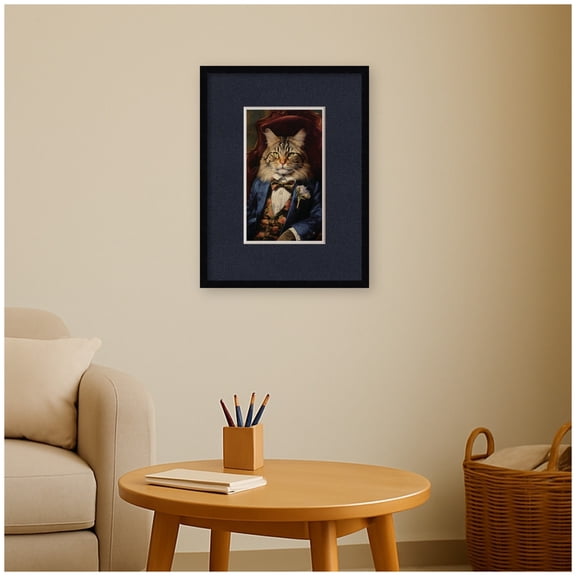 Kate and Laurel Framed Wall Art Print Charismatic Regal Portrait Kitty Cat Faux Mat by The Creative Bunch Studio, 19 x 25, Svelte Noir Black Frame, Whimsical, Animal Art for Wall Decor