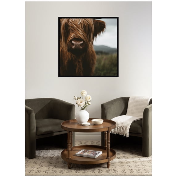 Kate and Laurel Framed Wall Art Print Close Up of Scottish Highland Cattle Baby SQ by Michael Schauer, 33 x 33, Svelte Noir Black Frame, Rustic Farmhouse, Animal Art for Wall Decor