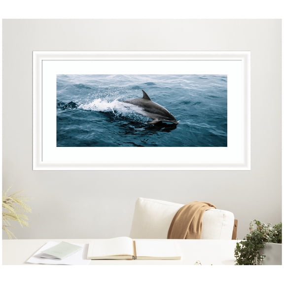 Kate and Laurel Framed Wall Art Print 'Dolphin Skipping along in the Ocean Panel' by Michael Schauer, 43 x 24, Oliver White Narrow Frame, Coastal, Animals, Beach, Landscapes Art for Wall Decor