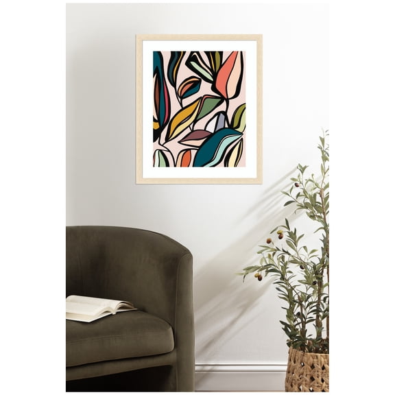 Kate and Laurel Framed Wall Art Print Fanciful Ficus Expansion by Alicia Bock, 22 x 26, Woodgrain Stripe Blonde Frame, Modern Contemporary, Abstract Art for Wall Decor