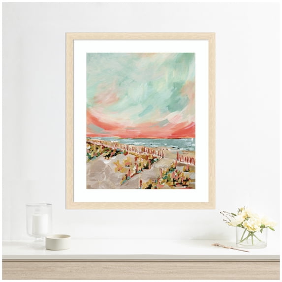Kate and Laurel Framed Wall Art Print 'Landscape 03 Beach' by Annie Quigley, 22 x 26, Woodgrain Stripe Blonde Frame, Coastal, Beach Art for Wall Decor