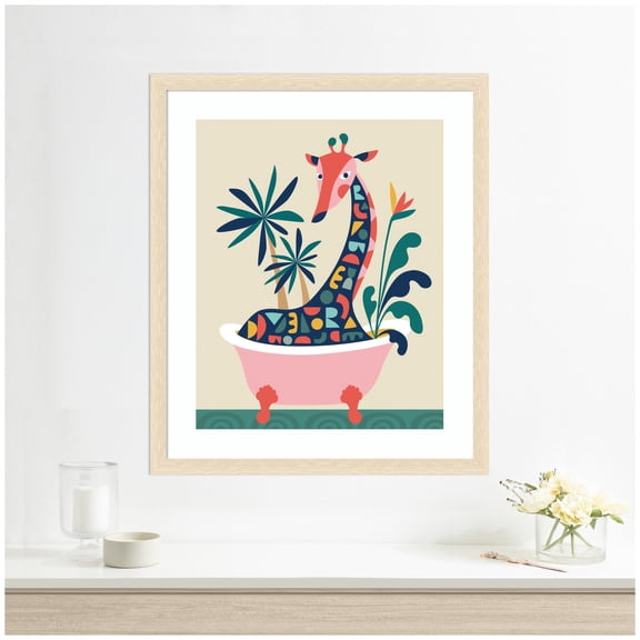 Kate and Laurel Framed Wall Art Print 'Mid Century Modern Giraffe in Bathtub' by Rachel Lee, 22 x 26, Woodgrain Stripe Blonde Frame, Whimsical, Animal Art for Wall Decor