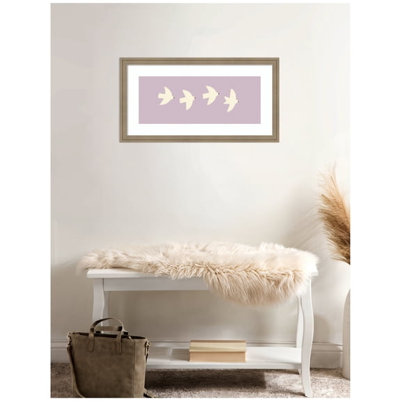 Kate and Laurel Framed Wall Art Print Minimalist Birds Panel 3 Light Purple by Laura Moss, 26 x 14, Florence Light Brown Frame, Modern Contemporary, Animal Art for Wall Decor