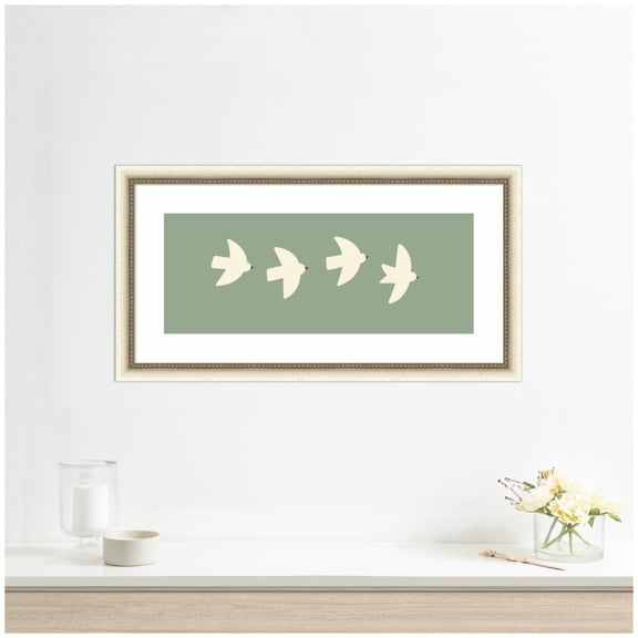 Kate and Laurel Framed Wall Art Print Minimalist Birds Panel 4 Green by Laura Moss, 26 x 14, Belmont Distress White Frame, Modern Contemporary, Animal Art for Wall Decor