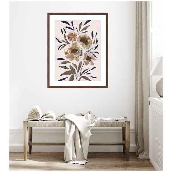 Kate and Laurel Framed Wall Art Print 'Muted Paintrely Florals' by Nikita Jariwala, 34 x 42, Florence Medium Brown Frame, Rustic Farmhouse, Abstract Art for Wall Decor