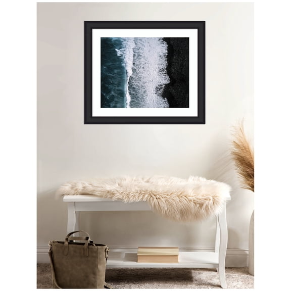 Kate and Laurel Framed Wall Art Print 'Ocean Waves on the Black Beach in Iceland' by Michael Schauer, 27 x 23, Oliver Black Narrow Frame, Coastal, Beach, Landscapes, Nature Art for Wall Decor