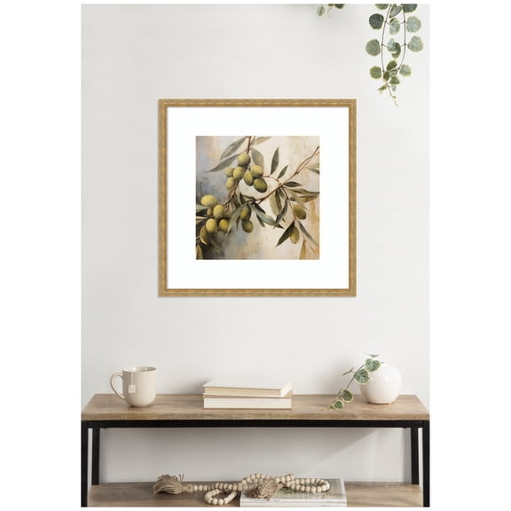 Kate and Laurel Framed Wall Art Print Olive Tree by The Creative Bunch Studio, 26 x 26, Mila Dark Gold Frame, Rustic Farmhouse, Still Life Art for Wall Decor