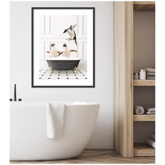 Kate and Laurel Framed Wall Art Print Penguins in Classic Black and White Bath  by Amy Peterson, 26 x 33, Stylish Black Narrow Frame, Whimsical, Animal Art for Wall Decor