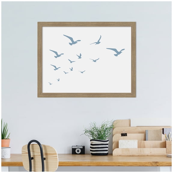 Kate and Laurel Framed Wall Art Print Seagulls White Background by Jolly and Dash, 26 x 20, Woodgrain Stripe Mocha Frame, Coastal, Animal Art for Wall Decor