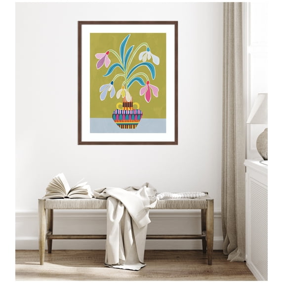 Kate and Laurel Framed Wall Art Print 'Snowdrops the January Birth Flower' by Rachel Lee, 34 x 42, Florence Medium Brown Frame, Modern Contemporary, Abstract, Flowers Art for Wall Decor