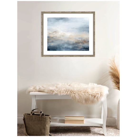 Kate and Laurel Framed Wall Art Print 'Tonal Abstract Oceanic Nautical Serenity Blue Horizontal' by The Creative Bunch Studio, 26 x 22, Mila Dark Silver Frame, Coastal, Abstract, Beach, Landscapes Art