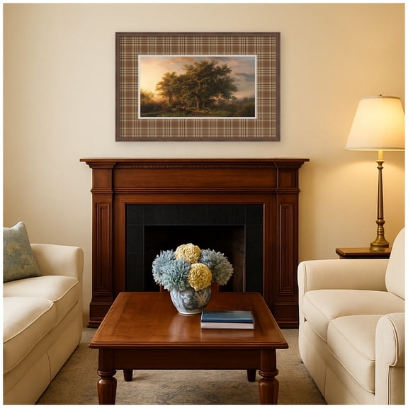 Kate and Laurel Framed Wall Art Print Vintage Landscape Plaid Faux Mat by Corinna Buchholz of Piddix, 42 x 28, Florence Medium Brown Frame, Traditional, Landscape Art for Wall Decor