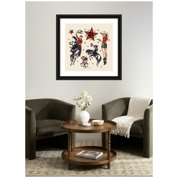 Kate and Laurel Framed Wall Art Print Vintage Rodeo Illustration by Corinna Buchholz of Piddix, 36 x 36, Manhattan Black Frame, Vintage, Americana Art for Wall Decor
