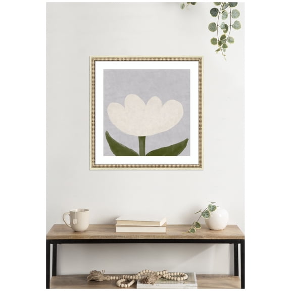 Kate and Laurel Framed Wall Art Print White Tulip by Gabrielly Guedes, 26 x 26, Castellan Distressed White Frame, Modern Contemporary, Flower Art for Wall Decor