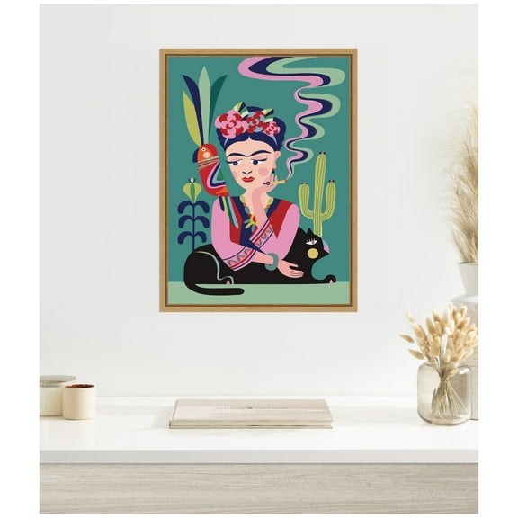 Kate and Laurel Frida Kahlo and the Black Cat Framed Canvas Wall Art by Rachel Lee 18 x 24 Sylvie Natural, Modern, Abstract, Animals, People Art for Wall Decor, Living Room, Bedroom