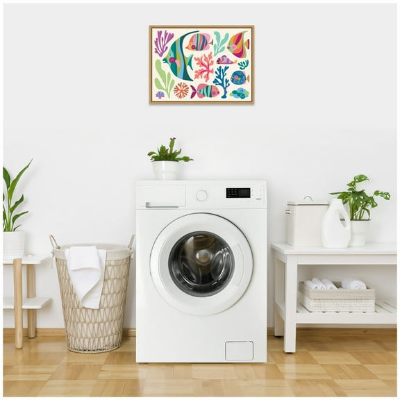 Kate and Laurel Fun Colorful Tropical Fish Shells Framed Canvas Wall Art  by Rachel Lee 24 x 18 Sylvie Natural, Coastal, Abstract, Beach, Animals Art for Wall Decor, Living Room, Bedroom