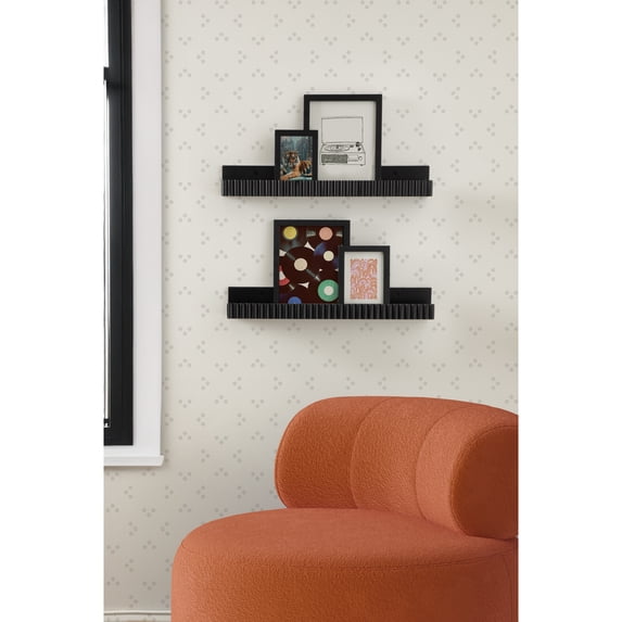 Kate and Laurel Furrow Modern Wood Photo Display Ledges, Set of 2, 24 Inches, Black, Scalloped Floating Picture Ledge Shelf Set with Lip for Use as Dorm Book Shelves or Gallery Wall Decor