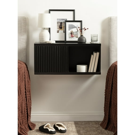 Kate and Laurel Furrow Modern Wooden Sliding Ribbed Door Wall Cabinet, 30 x 10 x 14, Black, Decorative Storage Cabinet with Sliding Door for Use as Floating Nightstand or Floating TV Shelf