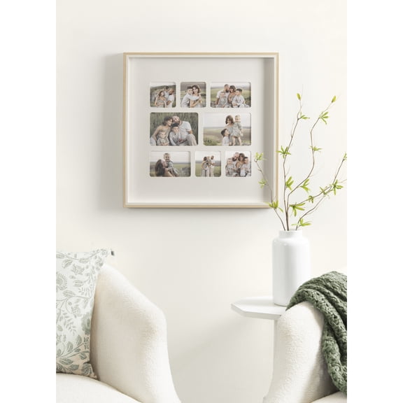 Kate and Laurel Gibson Modern Square Collage Picture Frame, 21 x 21, White and Natural, Decorative Square Matted Photo Collage Frame for Wall with Eight Photo Openings