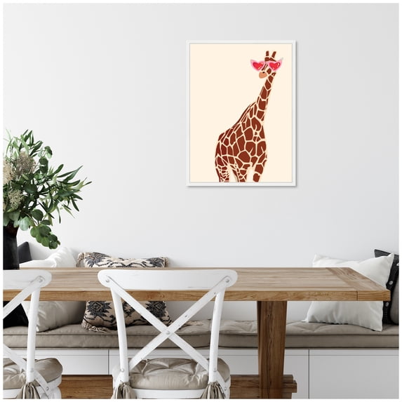 Kate and Laurel Giraffe in Preppy Cute Heart Sunglasses Framed Canvas Wall Art by Honey Island Studio 18 x 24 Sylvie White, Whimsical, Animals, Humor Art for Wall Decor, Living Room, Bedroom