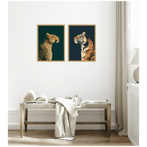 Kate and Laurel Gold Emerald Leopard Navy Tiger 2 Piece Framed Canvas Wall Art Set by The Creative Bunch Studio, Sylvie Bright Gold Modern Contemporary, Animal Art for Wall Decor