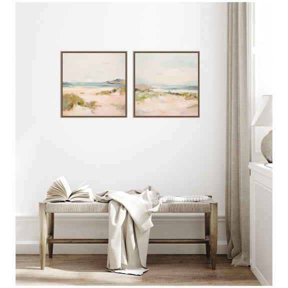 Kate and Laurel Gold Tranquil Landscape Square 2 Piece Framed Canvas Wall Art Set by Amy Lighthall, Sylvie Beaded Dark Gold Coastal, Abstract Art for Wall Decor