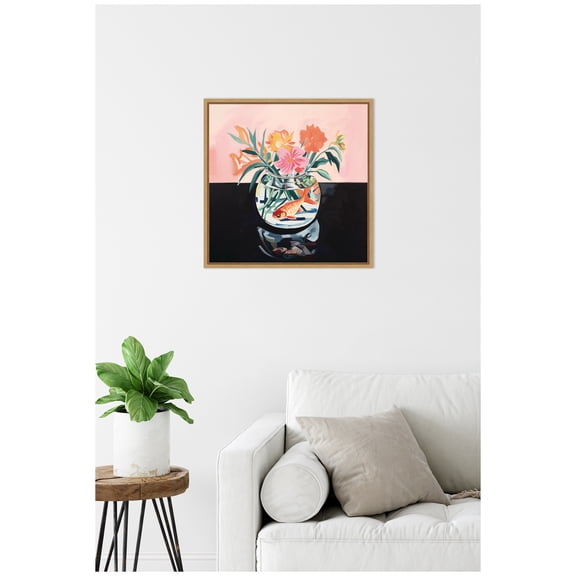 Kate and Laurel Goldfish Bowl Botanical Framed Canvas Wall Art by The Creative Bunch Studio 22 x 22 Sylvie Natural, Whimsical, Still Life, Animals, Flowers Art for Wall Decor, Living Room, Bedroom